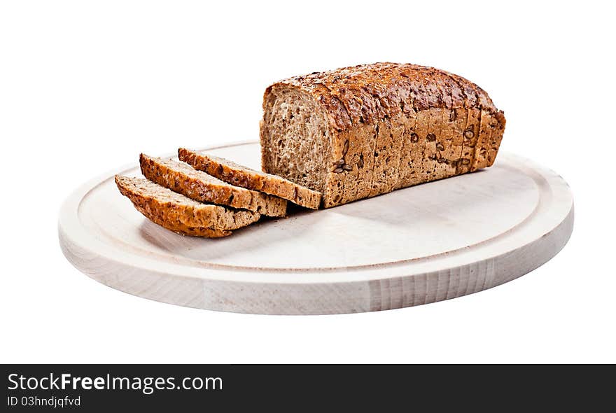 Bread on cutting board isolated on white