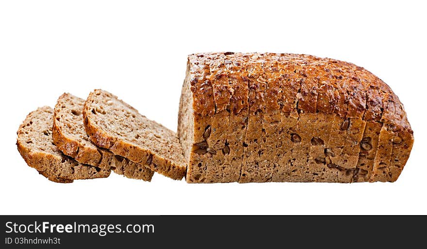 Bread on cutting board isolated on white