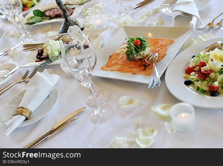 Banquet table setting for wedding dinner