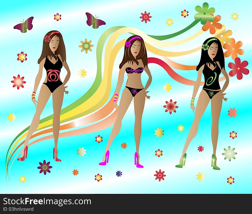 Three girls in swimsuits and flower. Three girls in swimsuits and flower