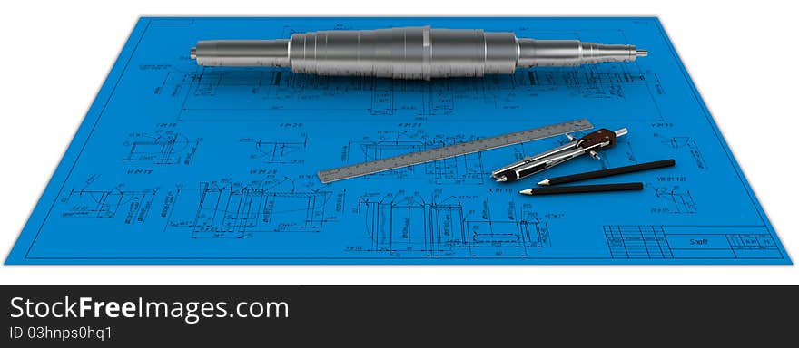 Metal shaft, compasses, rulers and pencils at an engineering drawing