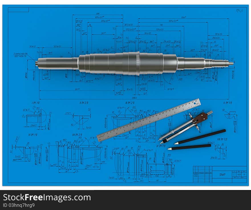 Metal shaft, compasses, rulers and pencils at an engineering drawing