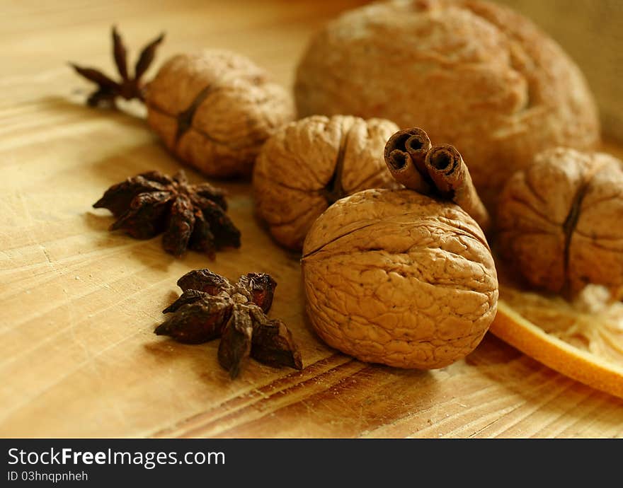 Walnuts on wooden board - food ingredient