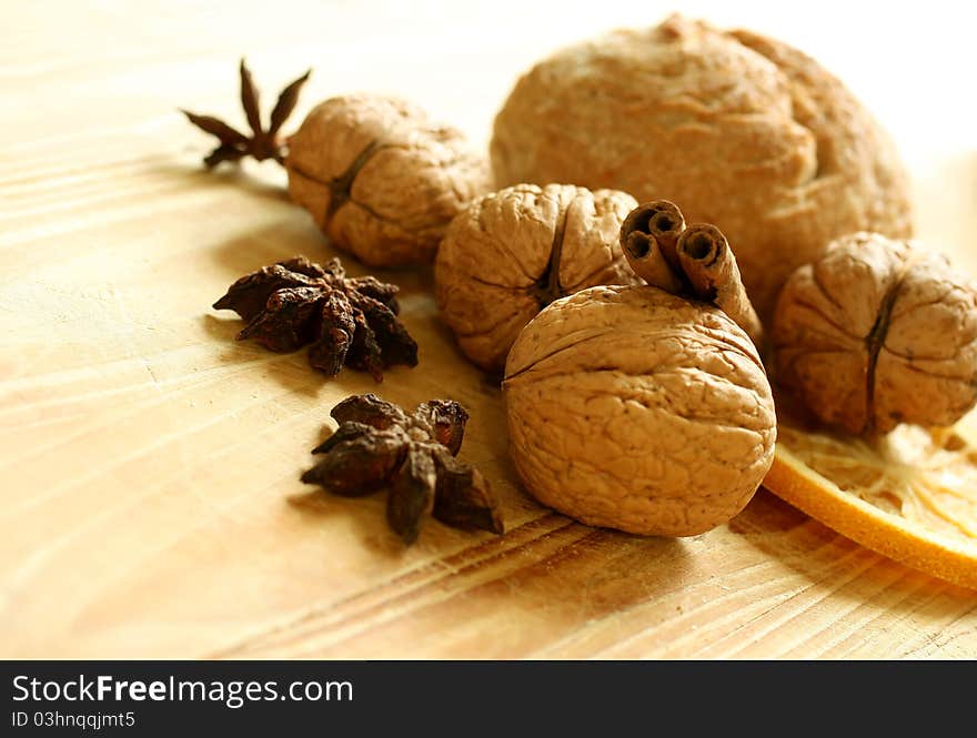 Walnuts on wooden