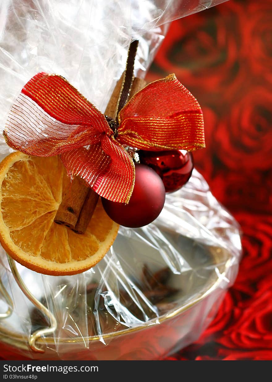 Christmas gifts on red background