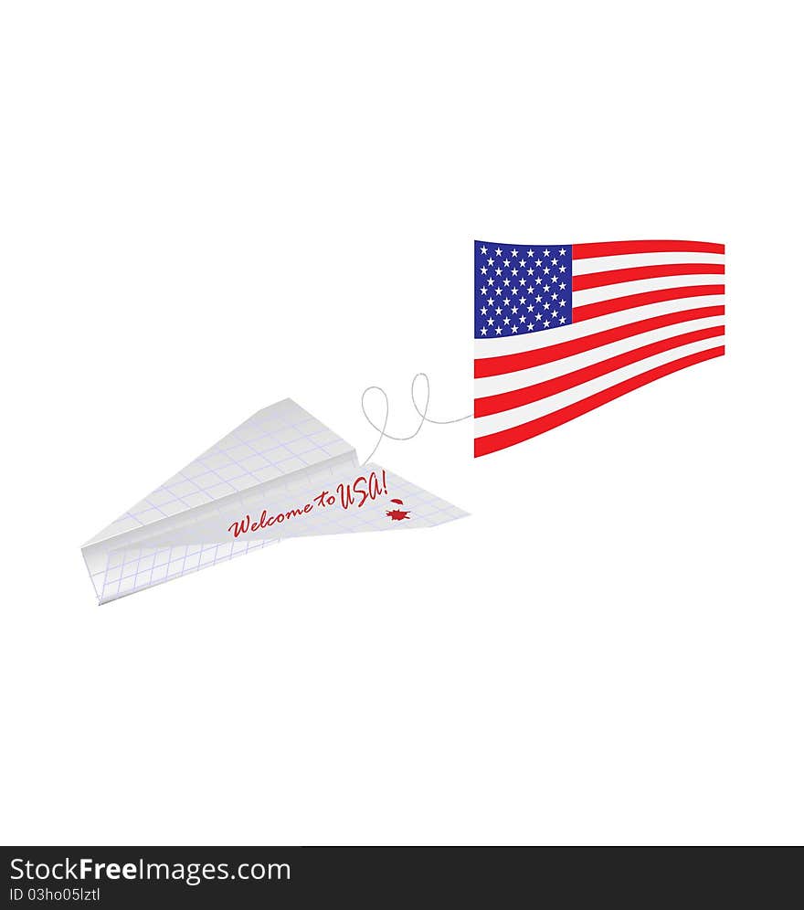 Paper plane with American flag on white illustration