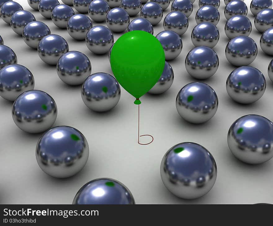 Green balloon among the metallic balls