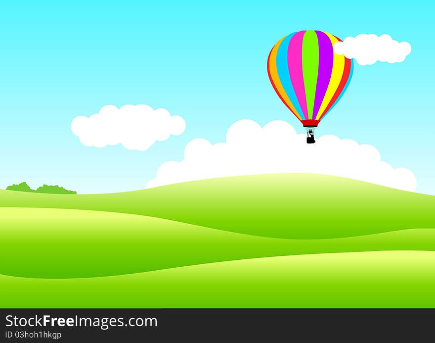 Illustration of an air balloon floating above hills