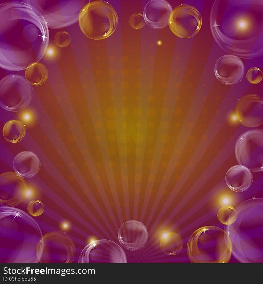 Abstract background, transparent bubbles and beams, violet and orange. Abstract background, transparent bubbles and beams, violet and orange