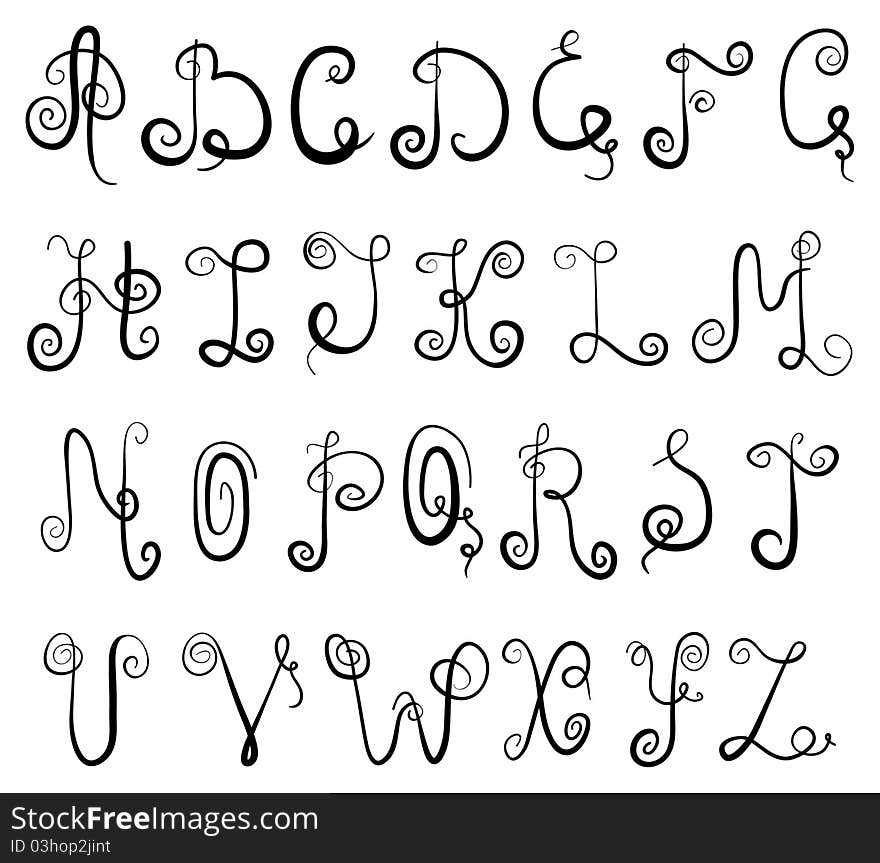 Vector black vignette alphabet on a white background