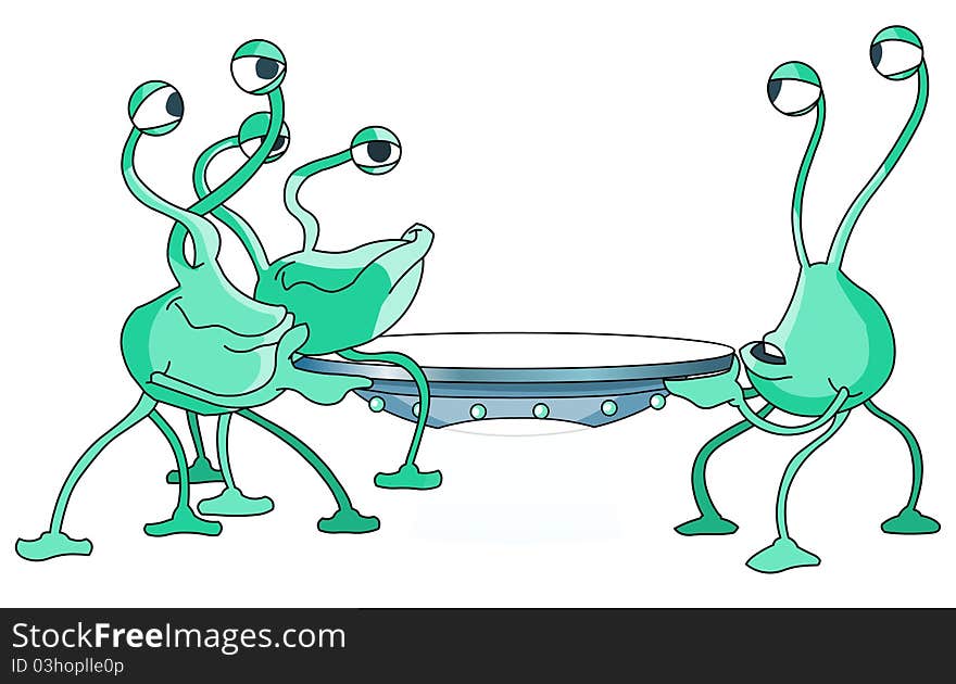 Cartoon illustration of funny aliens holding a flying saucer in hands. Cartoon illustration of funny aliens holding a flying saucer in hands.