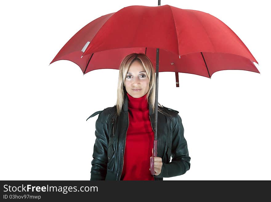 Happy smiling woman under her red umbrella. Happy smiling woman under her red umbrella