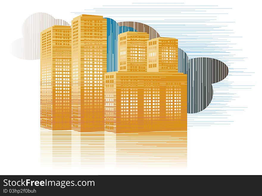 Abstract illustrated city with clouds and building reflection. Abstract illustrated city with clouds and building reflection