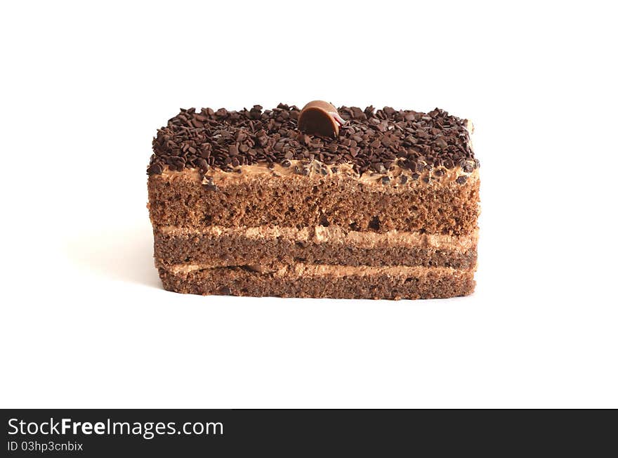 A piece of freshness chocolate sponge cake on white background