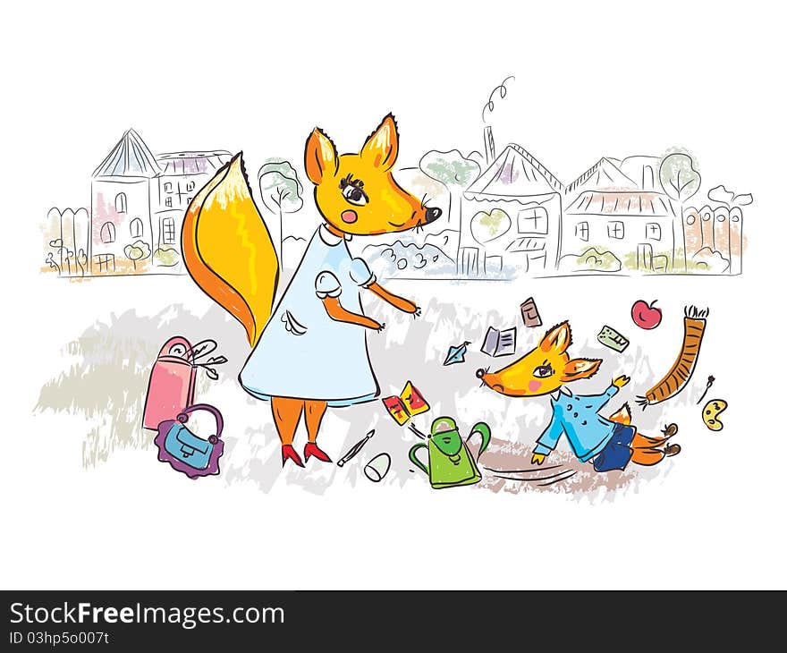 Family scene at the street with fox cartoon