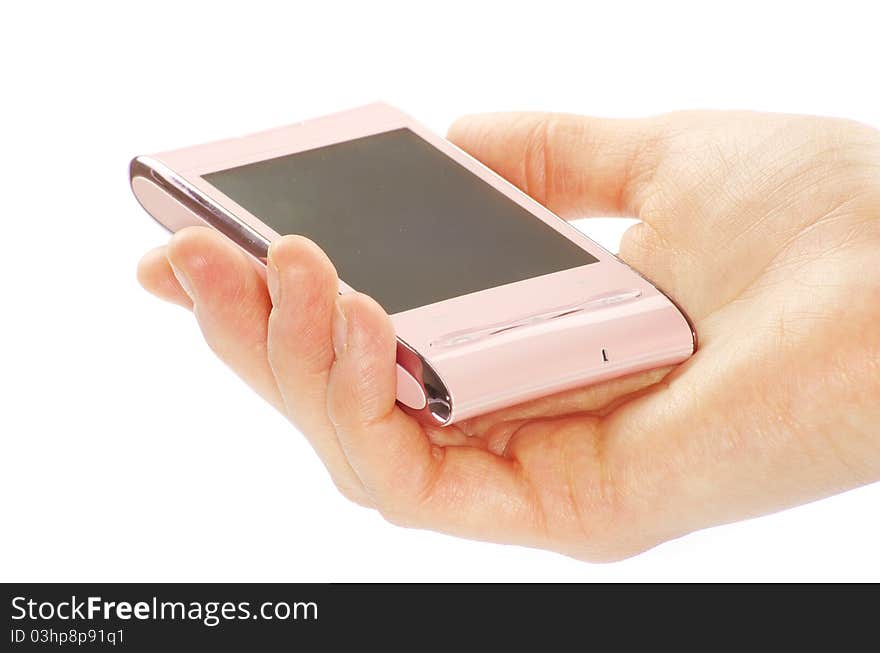 Female hand is holding a modern touch screen phone