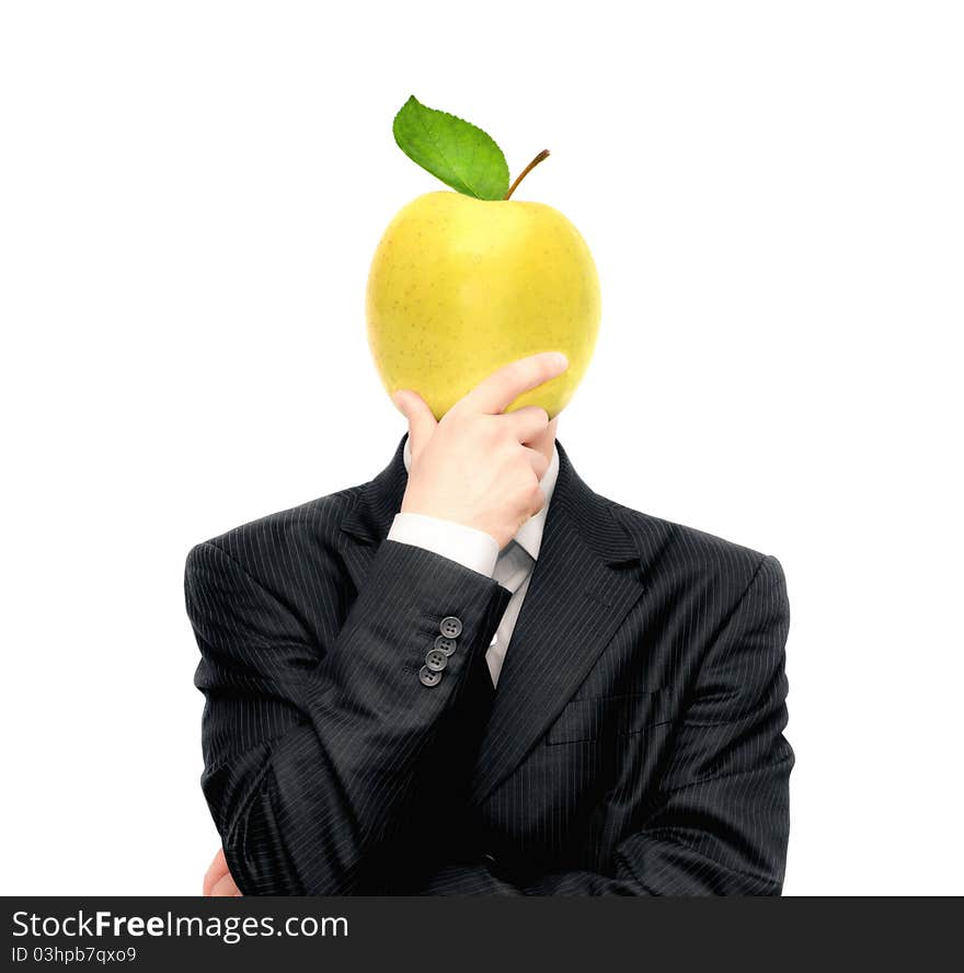 Young business man with apple instead of head. Young business man with apple instead of head