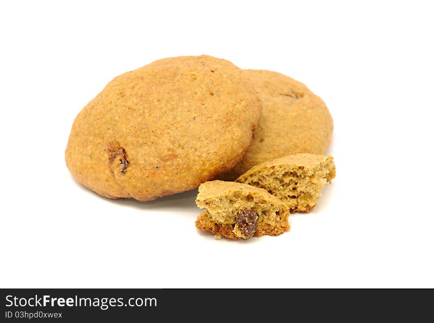 Oatmeal cookies with raisins and crumbs isolated on a white background