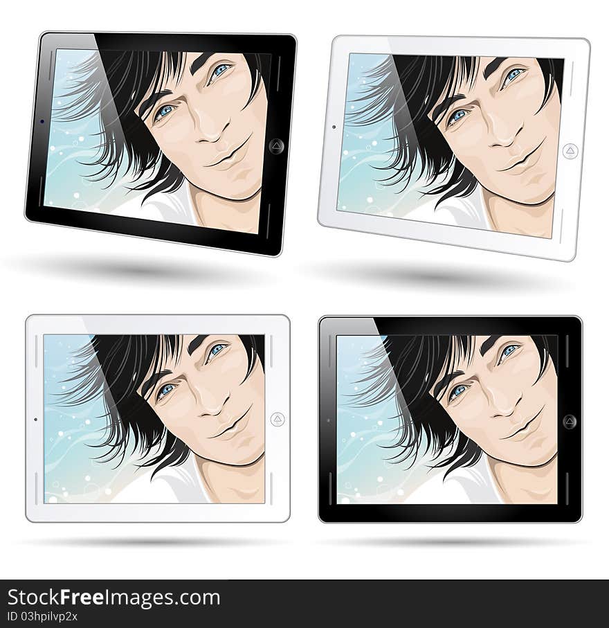 Vector touch pad tablet computers with smiling male face background vector