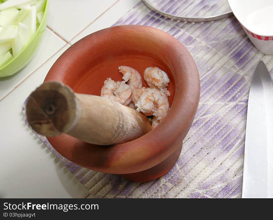 Shrim in motar for cooking. Shrim in motar for cooking