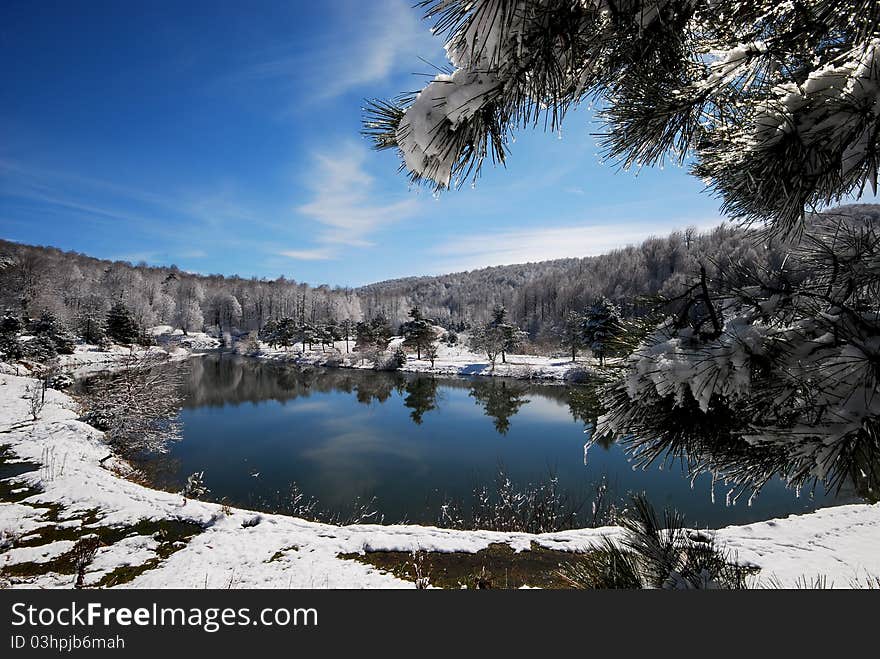 Reflections on the lake in winter and