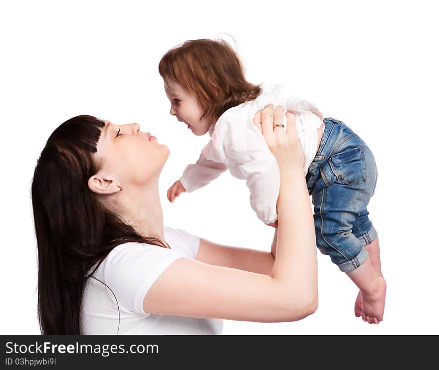 Happy family, young beautiful mother with her daughter, isolated against white background. Happy family, young beautiful mother with her daughter, isolated against white background