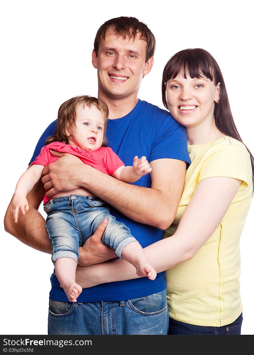 Happy young family; mother, father and their daughter isolated against white background. Happy young family; mother, father and their daughter isolated against white background