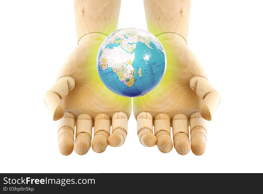 A world on wooden hand holding