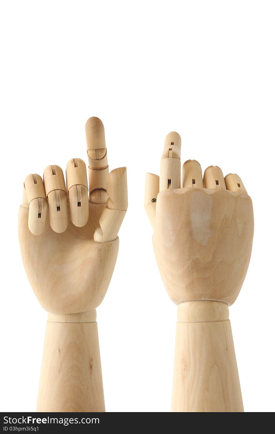 Wooden finger in position of pressing a button over white background