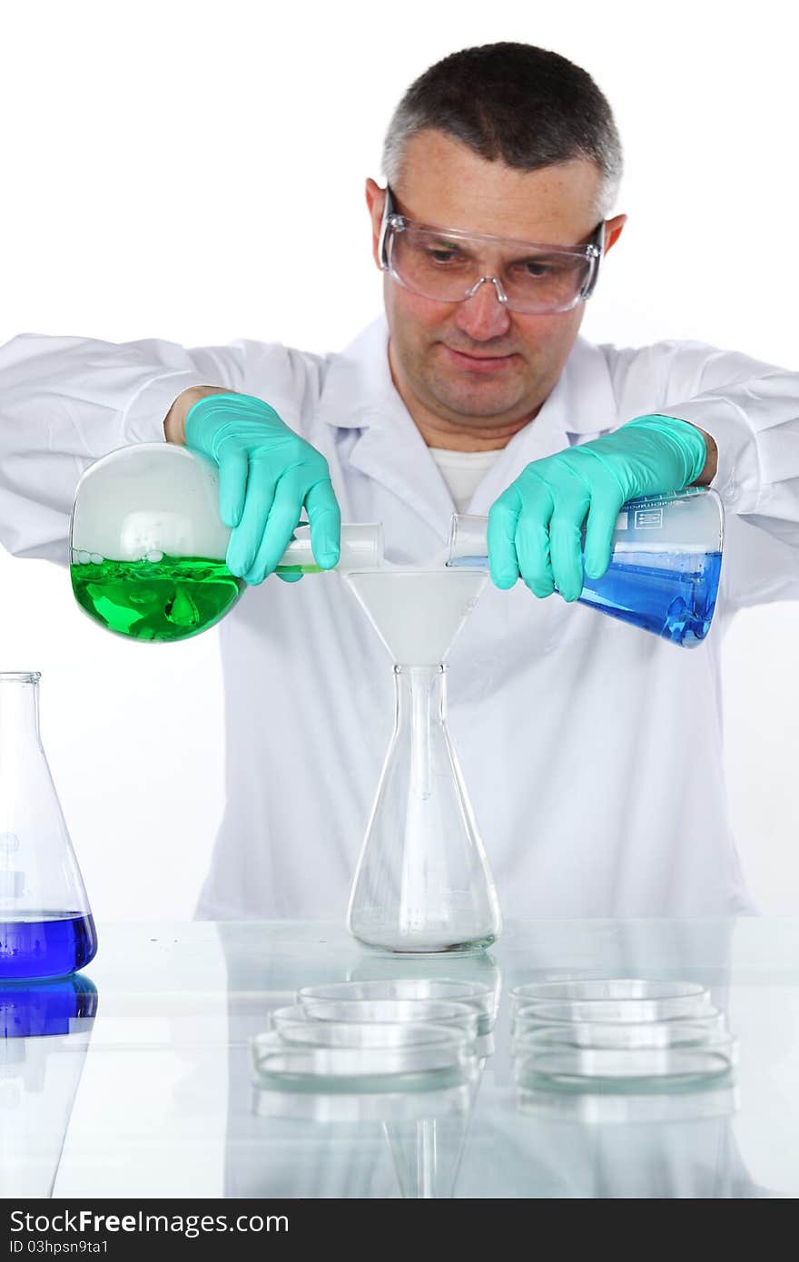 Chemistry Scientist conducting experiments on white background