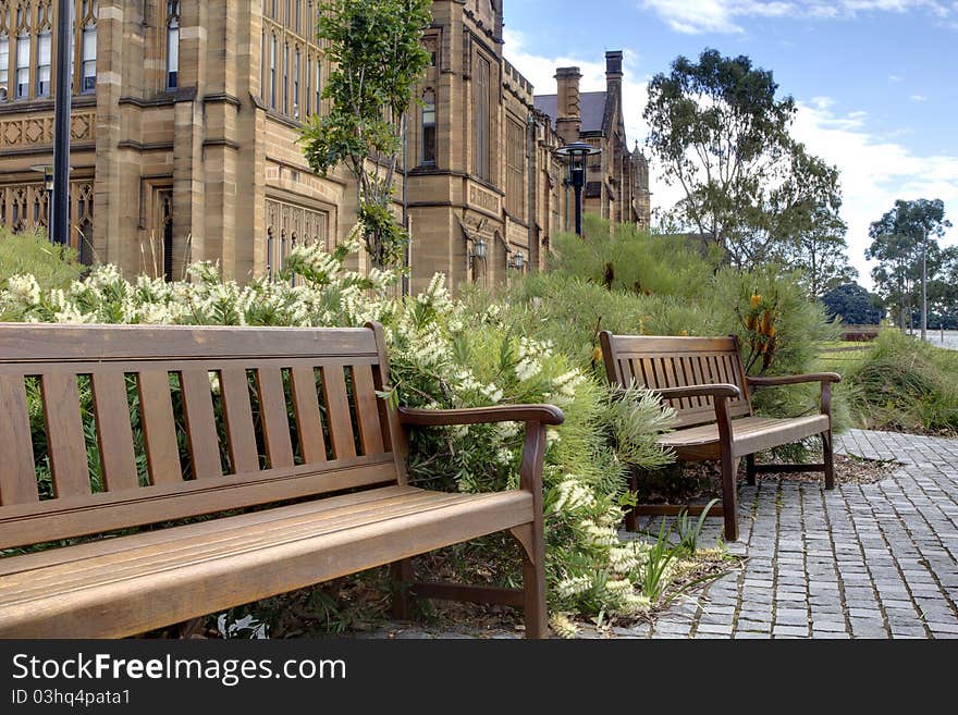 Two Benches In Front Old Building