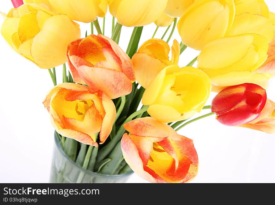 Bouquet of yellow, orange and red tulips