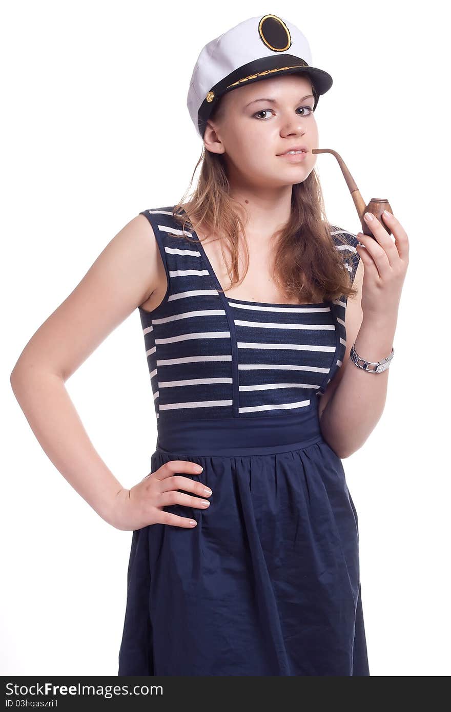 Girl In A Sailor Cap Smoking A Pipe