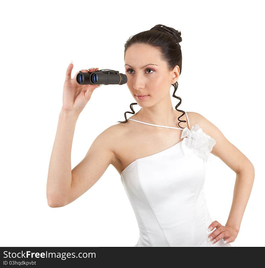 Bride holding binoculars