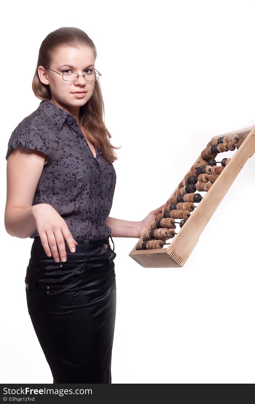 Girl with big wooden abacus on a white background