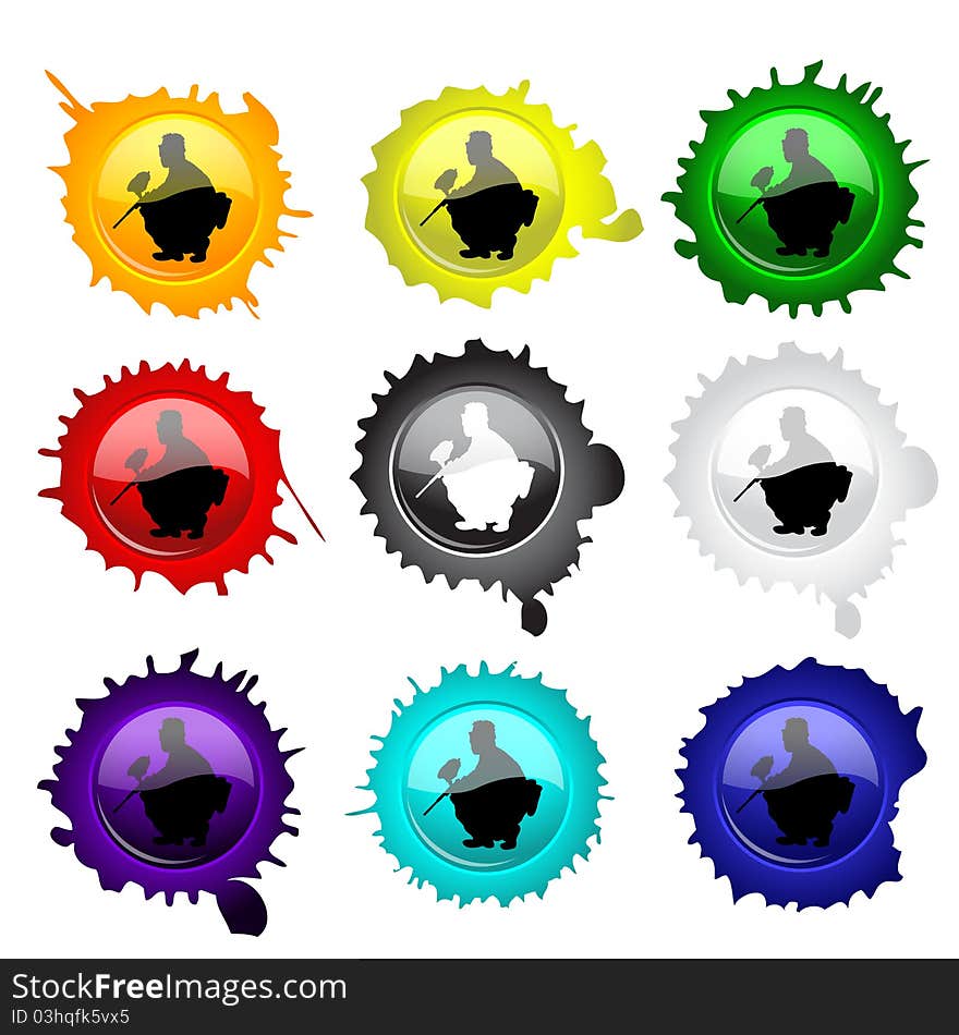 Paintball glass buttons with grunge spots, illustration (eps10); two layers, first- spots, second- buttons with painball players silhouettes. Paintball glass buttons with grunge spots, illustration (eps10); two layers, first- spots, second- buttons with painball players silhouettes