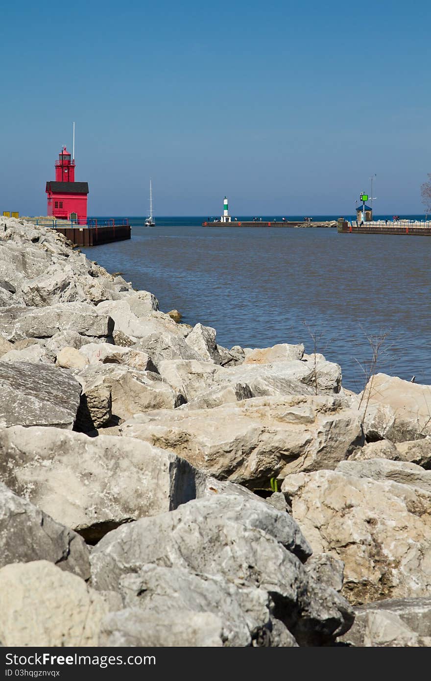 Red lighthouse on the coast of Lake Michigan. Red lighthouse on the coast of Lake Michigan