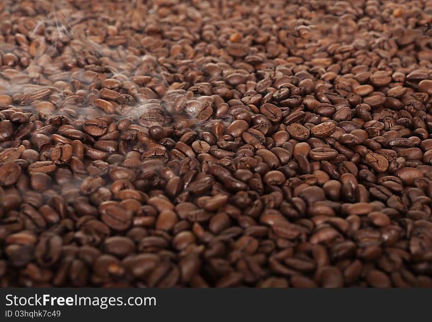 Fresh roasted Coffe beans still steaming. Fresh roasted Coffe beans still steaming