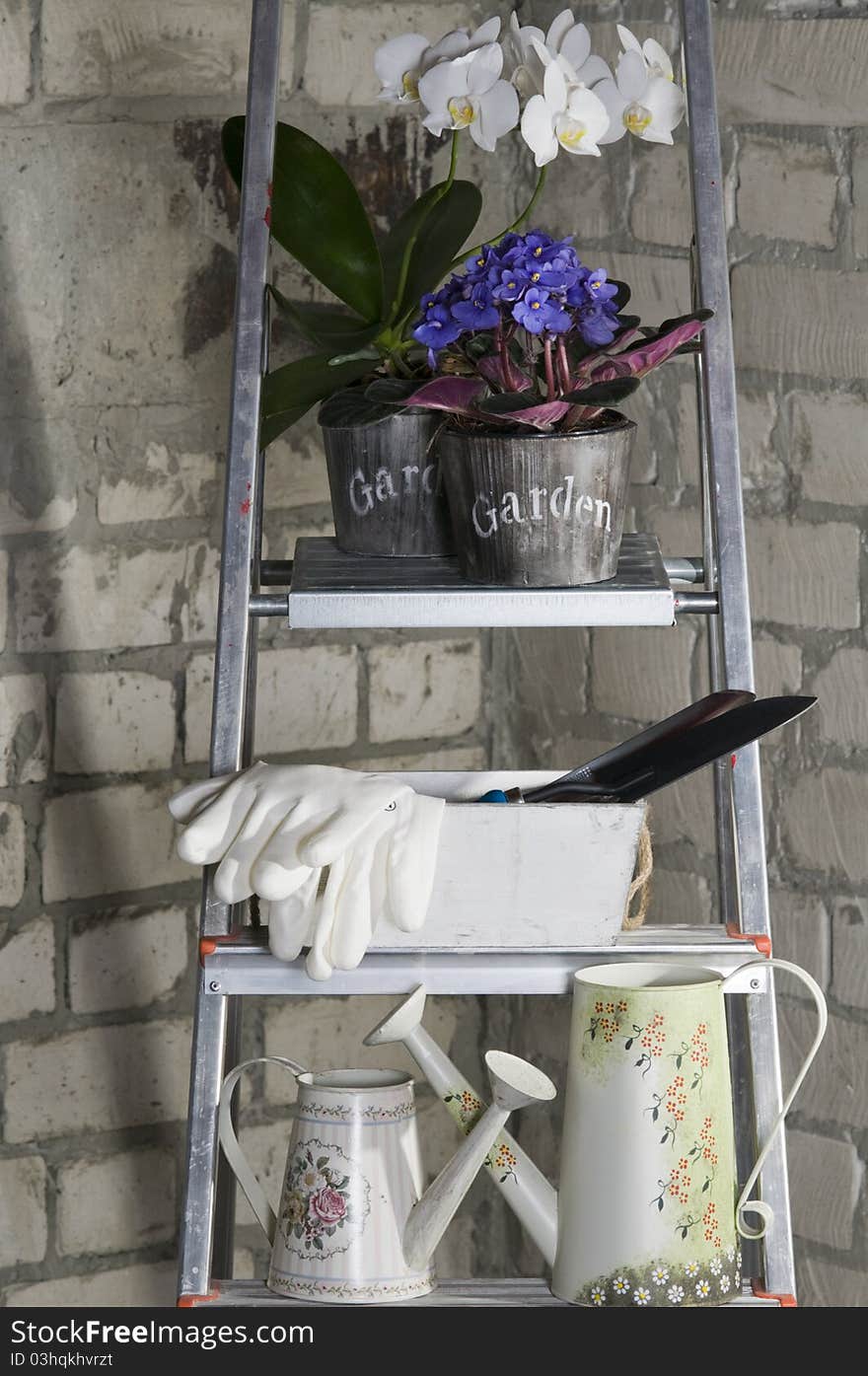 Gardening tools and flowers on a metal stepladder over grey brick wall. Gardening tools and flowers on a metal stepladder over grey brick wall.