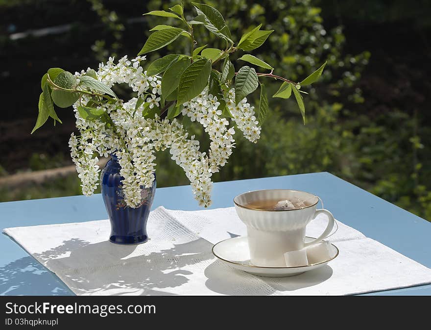 Small spring bouquet of a white bird cherry in a dark blue vase against a dark background and cup of tea. Small spring bouquet of a white bird cherry in a dark blue vase against a dark background and cup of tea