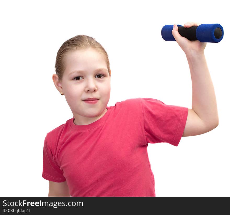 The girl from dumbbells isolated on white.