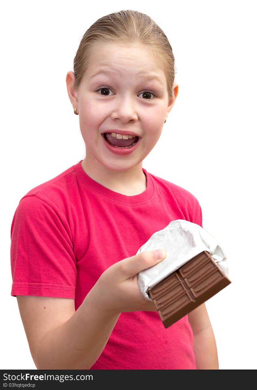 The girl with a chocolate on white