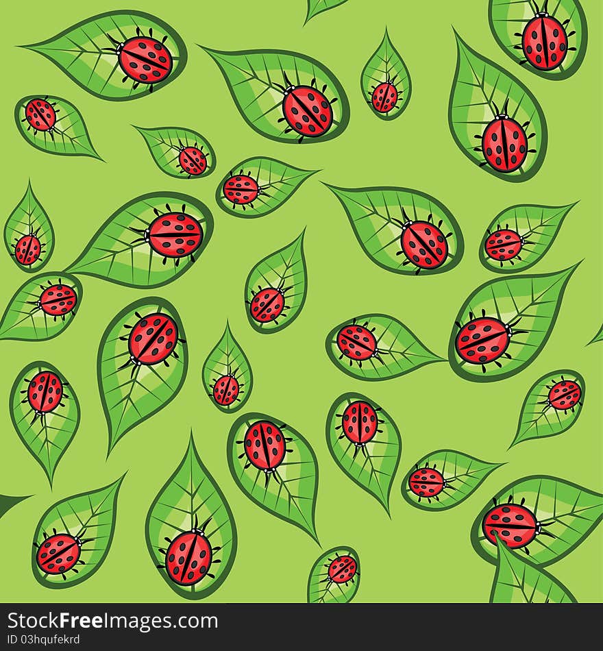 Abstract seamless structure with ladybird on a leaf. Illustration