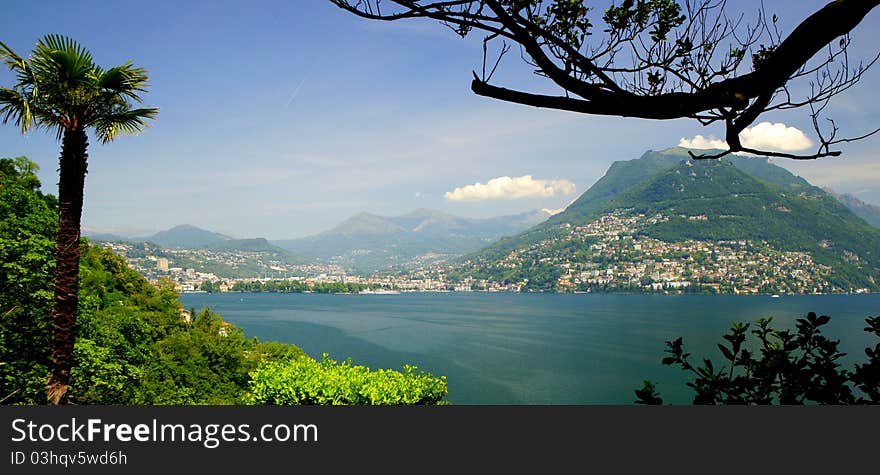 The city of Lugano, Switzerland, on Lake Lugano as seen from the town of Paradiso.