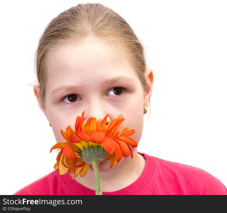 The girl with a flower isolated on white