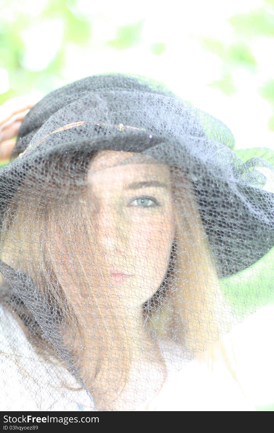 Portrait of the beautiful girl wearing black hat with veil. Portrait of the beautiful girl wearing black hat with veil