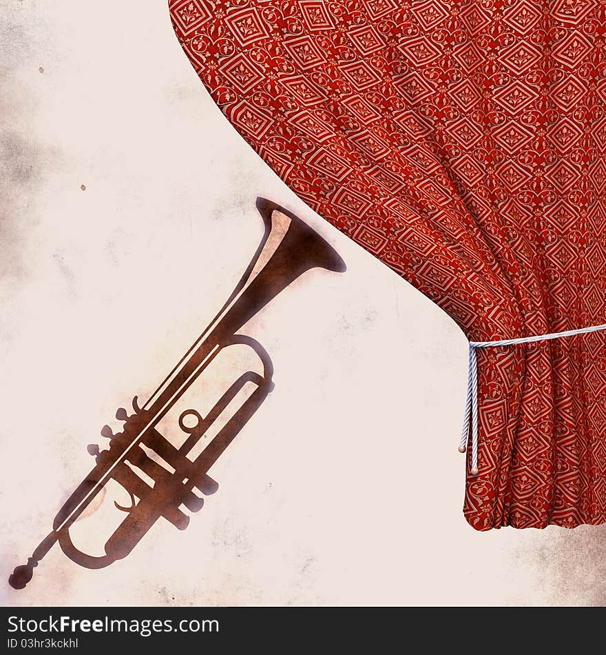 Background with  trumpet and curtain