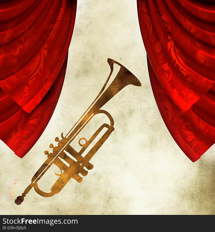 Background with  trumpet and curtain