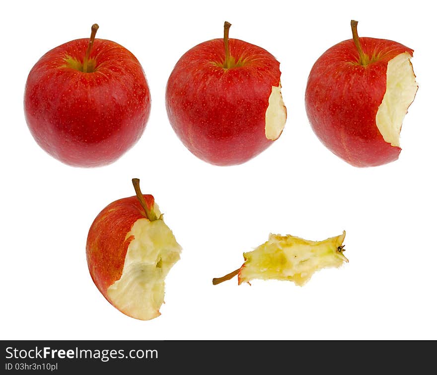 Red apple in different stages of eating, isolated on white background