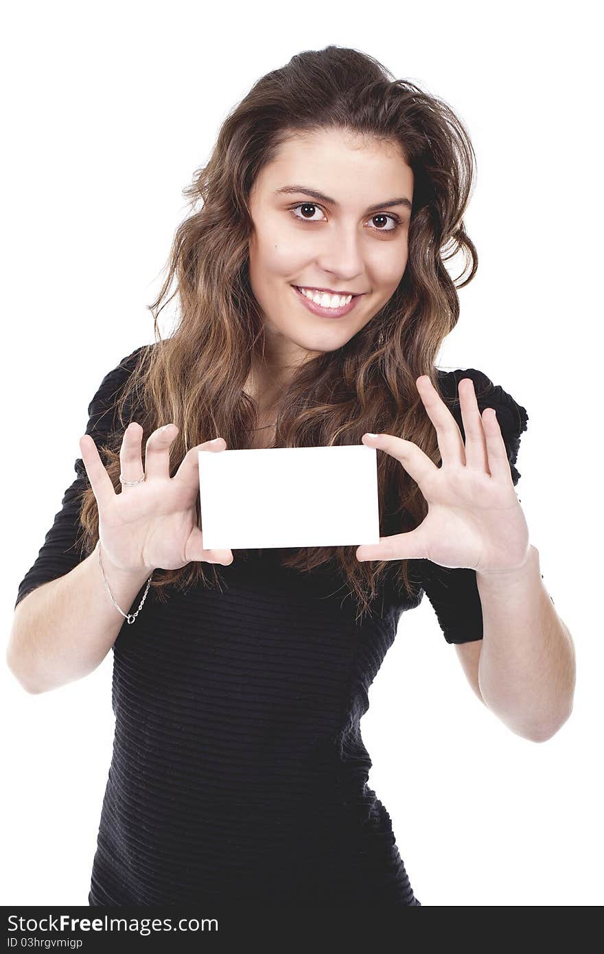 A beautiful and smiling woman holding an empty card